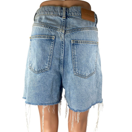 Zara Women's Blue High Waisted Raw Hem Boyfriend Bermuda Denim Jean Shorts 4