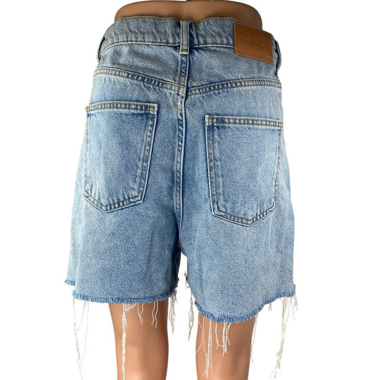 Zara Women's Blue High Waisted Raw Hem Boyfriend Bermuda Denim Jean Shorts 4