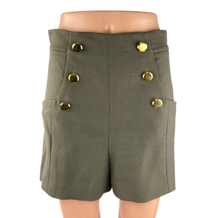 Zara Women's Green High Waisted Gold Buttons Casual Wide Leg Sailor Shorts Sz M