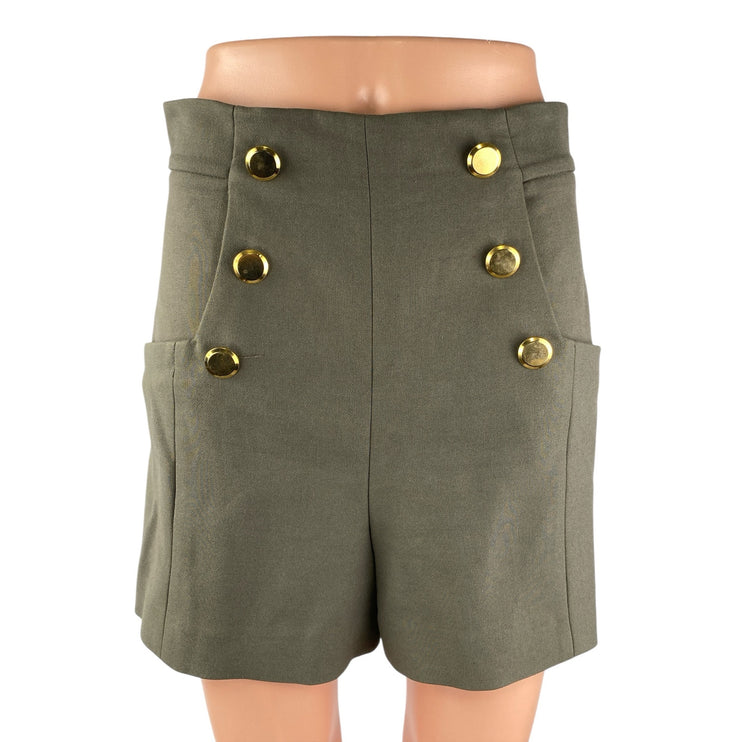 Zara Women's Green High Waisted Gold Buttons Casual Wide Leg Sailor Shorts Sz M