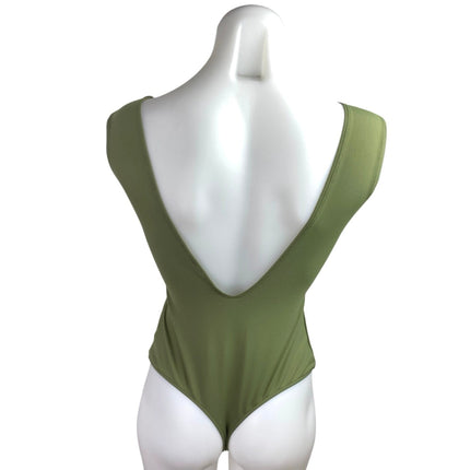 Free People Keep It Sleek Green Sleeveless Plunge V-Neck  Bodysuit Tank Top OS