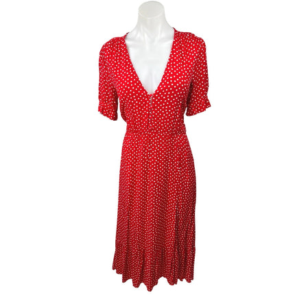 Zara Red Polka Dots V-neck Short Puff Sleeve Ruffle Hem Slit Midi A-line Dress S