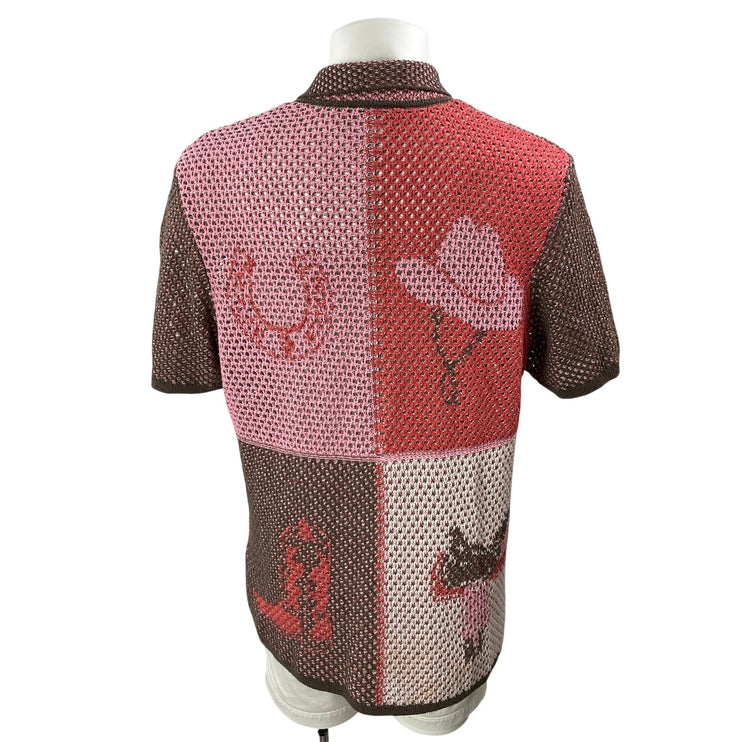 Zara Men's Brown Pink Cowboy Western Crochet Button Down Shirt Top Size L