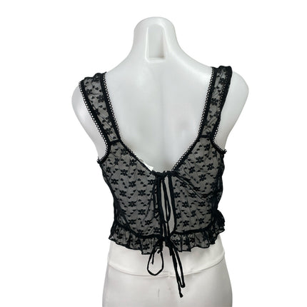 Victoria + Sophia Black Floral Lace Sleeveless Ruffle Sheer Crop Tank Top Size L