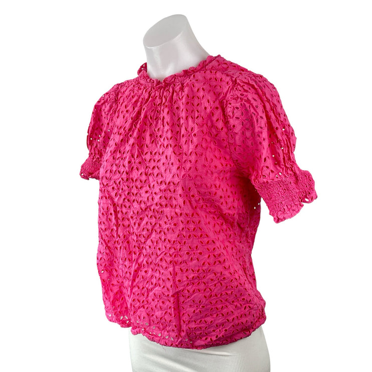 J,Crew Women's Pink Embroidered Eyelet Short Puff Sleeve Mock Neck Blouse Top S