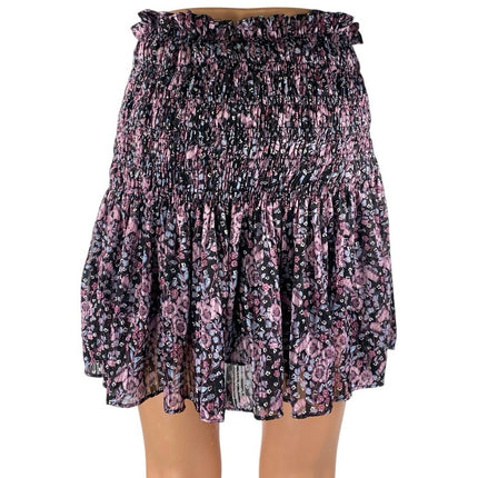 Zara Black Purple Floral Smocked Ruffle Mini A-Line Flared Skirt Skort Size M