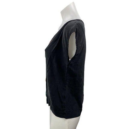 Obus 100% Silk Women's Black Short Sleeves Colorblock Scoop Neck Blouse Top Sz 1