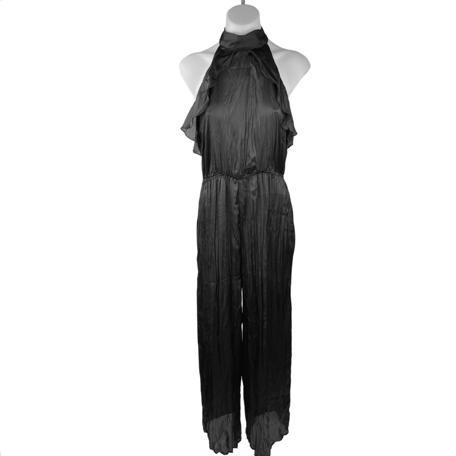 Zara Black Silky Satin High Neck Ruffle Sleeveless Straight Jumpsuit S – Brie Zara Black Silky Satin High Neck Ruffle Sleeveless Straight Jumpsuit S – Brie