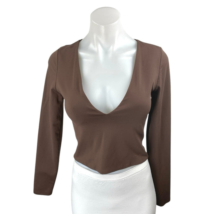 Aritzia Babaton Women's Brown Plunge V-neck Long Sleeve Slim Crop Blouse Top M