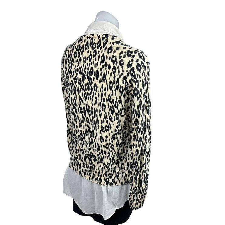 DKNY NWOT Black White Leopard Print Layered Long Sleeve Collar Sweater Top Sz L