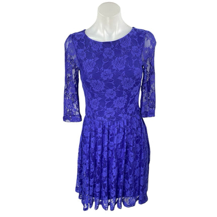 Gianni Bini Blue Floral Lace Half Sleeve Pleated A Line Mini Dress Size XS