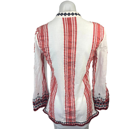 Tory Burch Red White Striped Embroidered Long Sleeve Tunic Blouse Top Size S