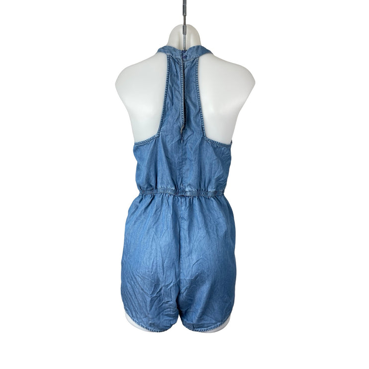 Blue Rair Blue Embroidered Halter Floral Sleeveless Chambray Romper Shorts Sz M
