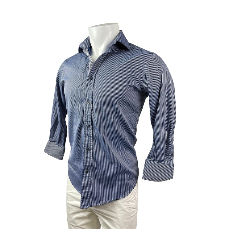 Zara Men Navy Blue Pinstriped Tailored Long Sleeve Button Down Shirt Top Size 14
