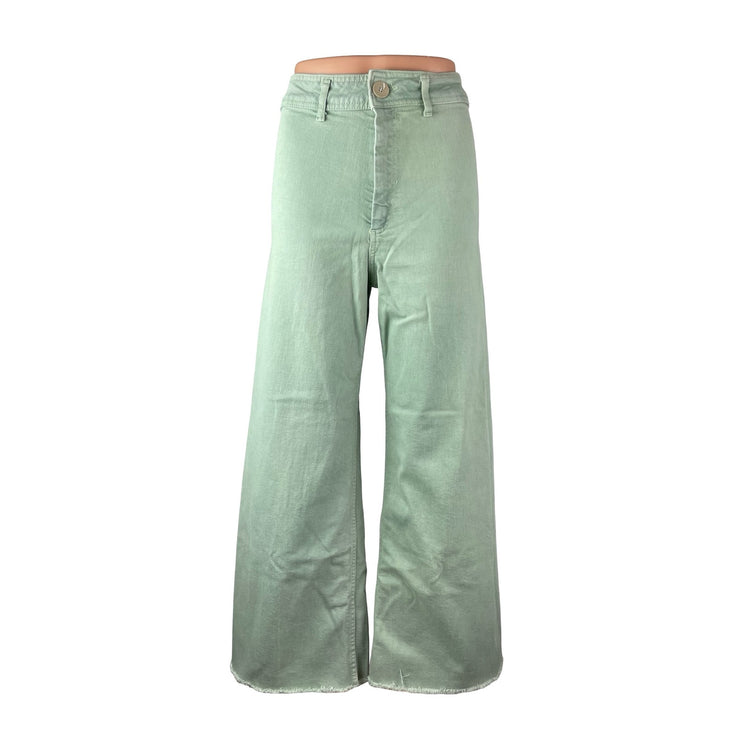 Zara Women's Green High Rise Wide Leg Palazzo Raw Hem Baggy Denim Jeans Size 4