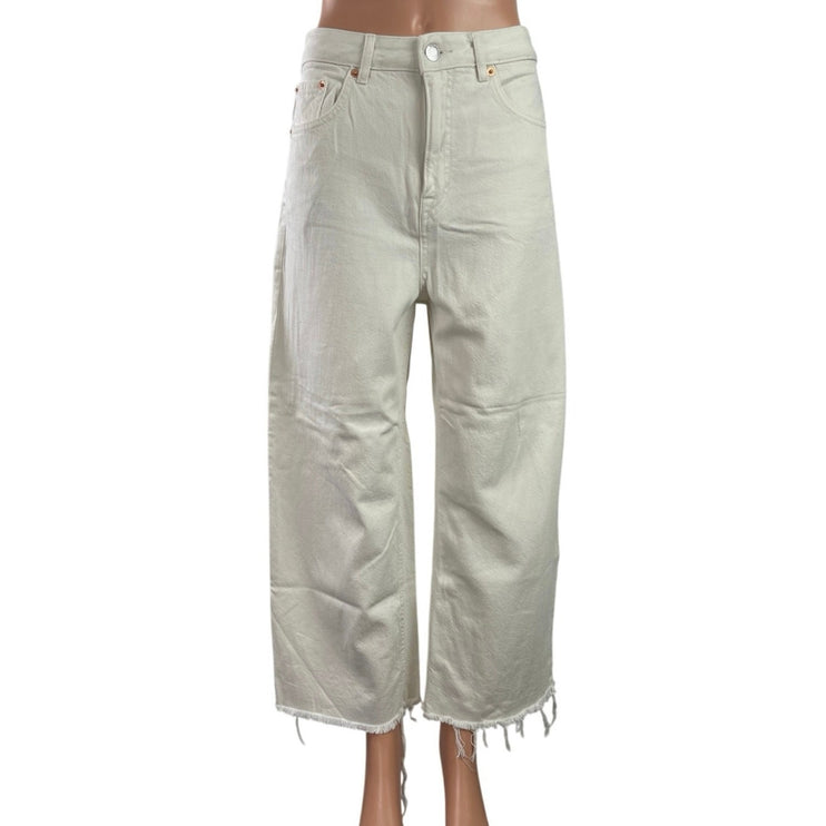 Pull & Bear Women's White High Rise Raw Hem Wide Leg Baggy Denim Jeans Size 4