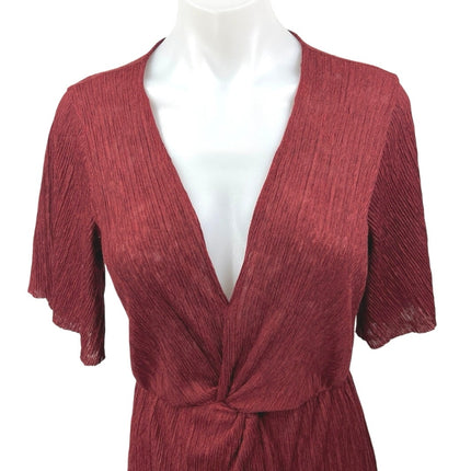 Lush Women's Red Twist Knot Front Short Sleeve V-Neck Midi Wrap A-Line Dress S