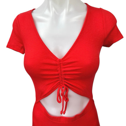 NEW Urban Renewal Red Short Sleeve Ruched Cutout Mini Bodycon Dress Size L