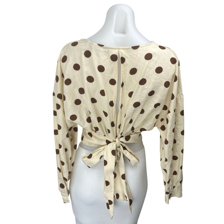 Zara Cream Brown Linen Long Sleeve Polka Dots V Neck Tie Blouse Crop Top Size M