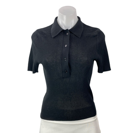 Grey/Ven Women's Black Ribbed Knit Short Sleeve Button Polo Sweater Top Size M