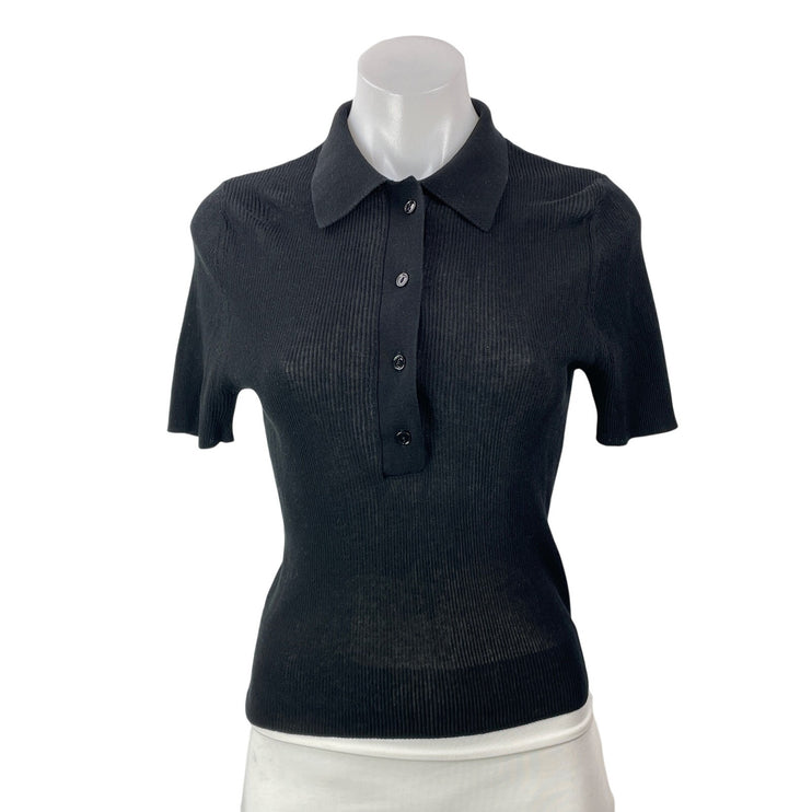 Grey/Ven Women's Black Ribbed Knit Short Sleeve Button Polo Sweater Top Size M