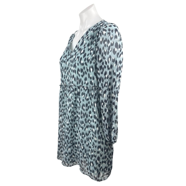 Loft Women's Blue Leopard Print V Neck Long Sleeve Mini Flare A-Line Dress Sz XS
