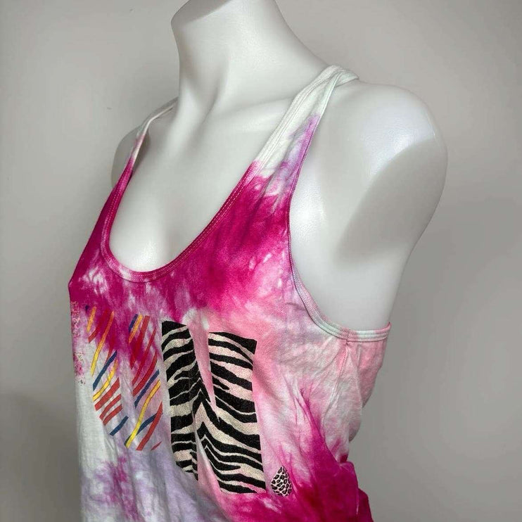 American Apparel Pink White Tie Dye Scoop Neck Racer Back Activewear Tank Top L