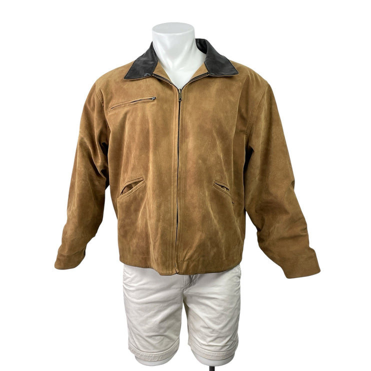 Blackicon Men's Tan Suede Full Zip Long Sleeve Collared Bomber Jacket Size L