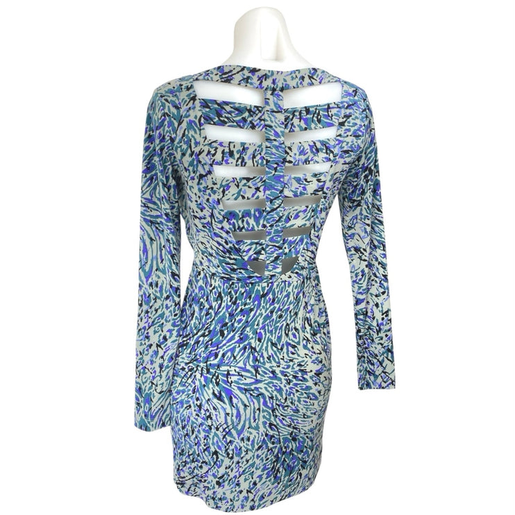BCBGeneration Blue Abstract Long Sleeve Faux Wrap Mini Sheath Dress Size XS