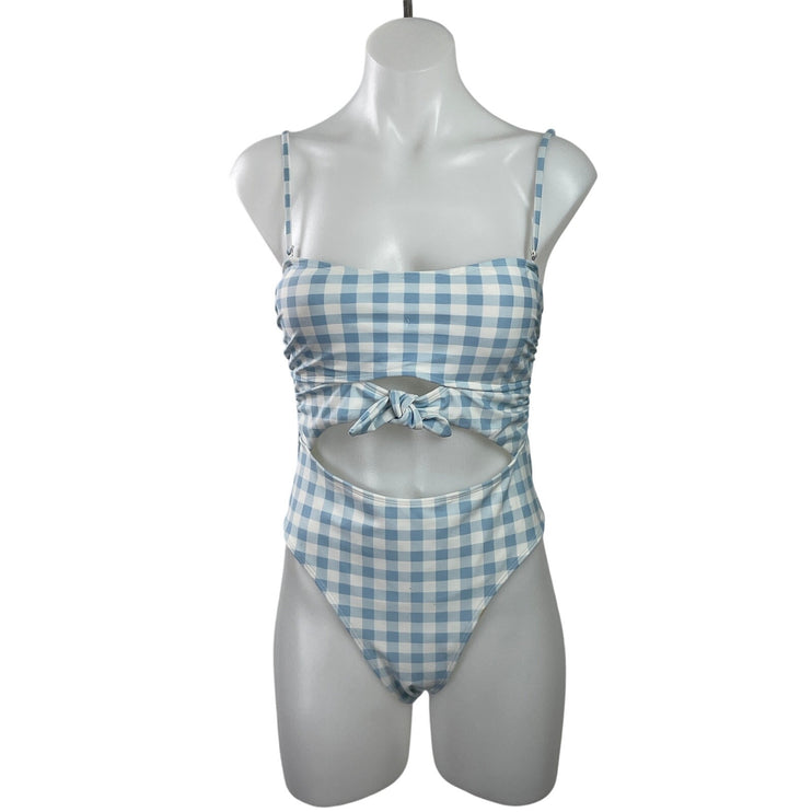 NEW Forever 21 Blue Gingham Check Cutout One Piece Swimsuit Swimwear Size L