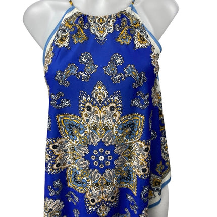 Zara Blue Floral Paisley Sleeveless Scarf Asymmetric High Neck Tank Blouse Top S