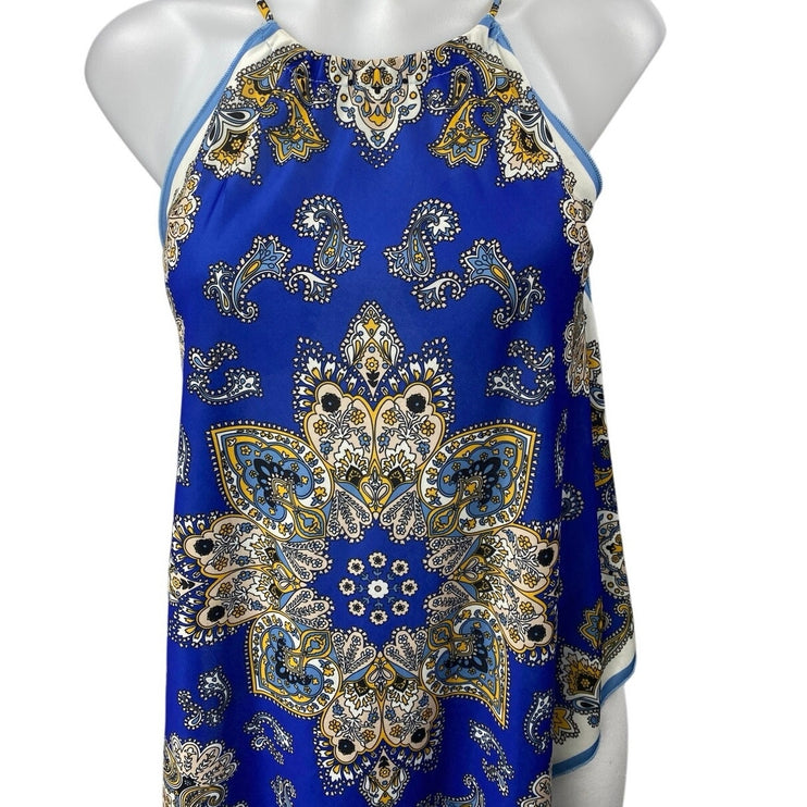 Zara Blue Floral Paisley Sleeveless Scarf Asymmetric High Neck Tank Blouse Top S