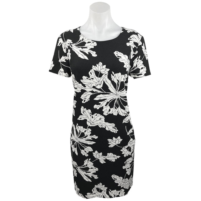 Banana Republic Black Floral Print Round Neck Short Sleeve Mini Sheath Brie Banana Republic Black Floral Print Round Neck Short Sleeve Mini Sheath Brie