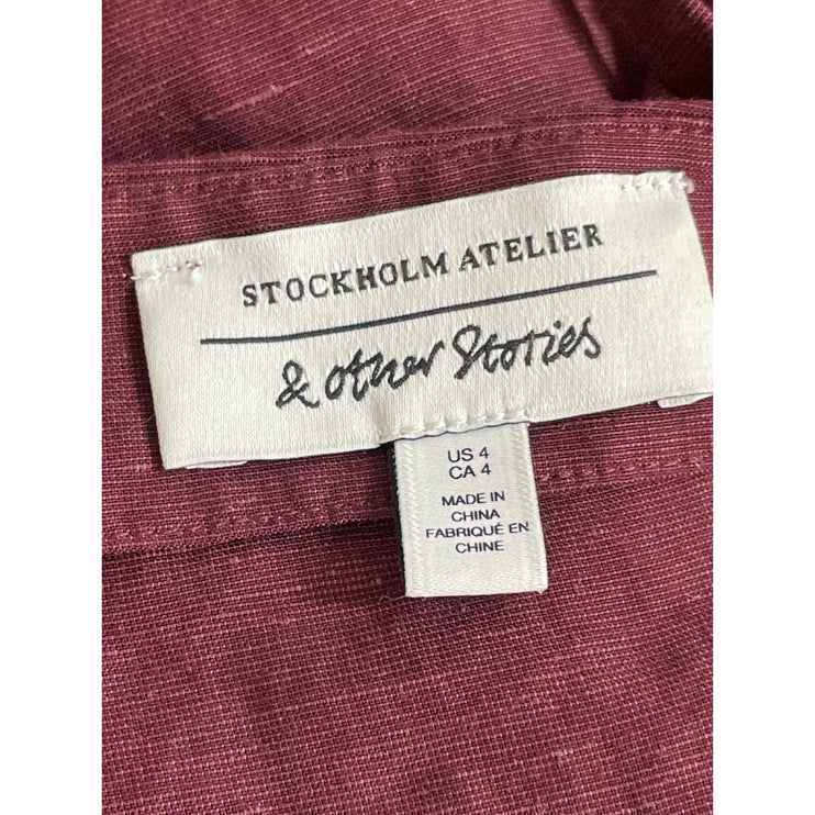 & Other Stories Women's Burgundy Red Linen High Rise Midi Straight Wrap Skirt 4