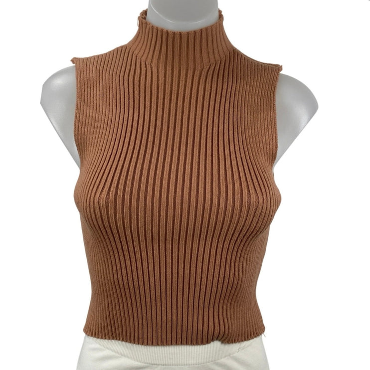 Zara Womens Brown Ribbed Knit Turtle Neck Sleeveless Casual Slim Crop Tank Top S