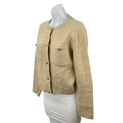 Cece Women's Tan Beige Knit Pocket Crewneck Button Down Cardigan Sweater Top XS