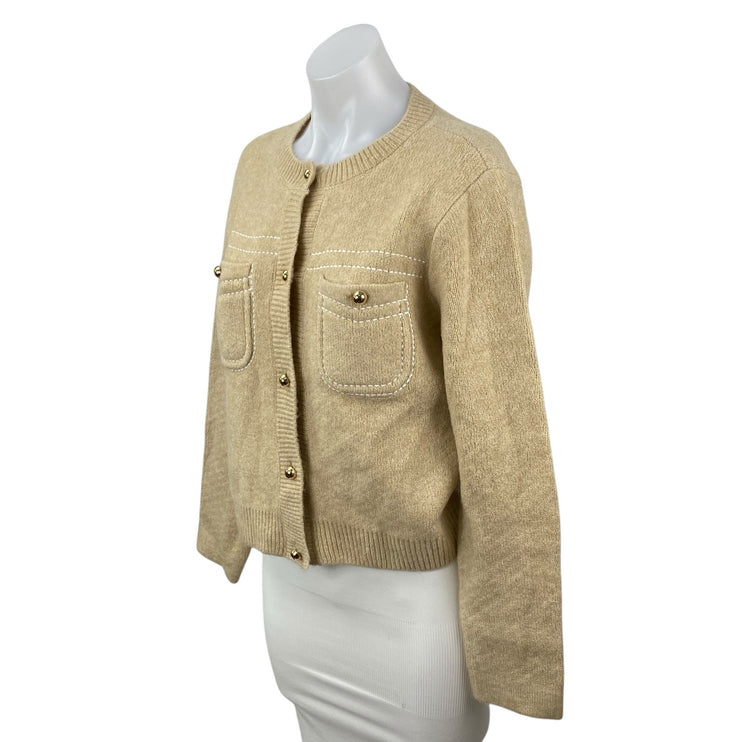 Cece Women's Tan Beige Knit Pocket Crewneck Button Down Cardigan Sweater Top XS