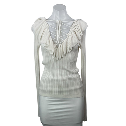 Intermix Cream Long Sleeves Knit Tassel Ruffle Flounce Lace Up Blouse Top Size M