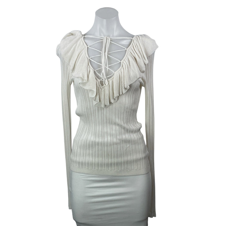 Intermix Cream Long Sleeves Knit Tassel Ruffle Flounce Lace Up Blouse Top Size M
