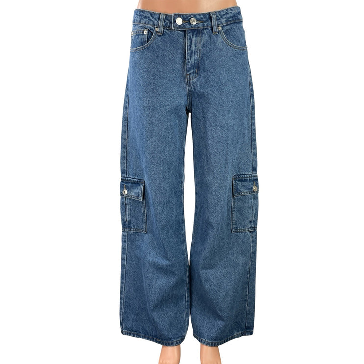 Edikted Women's Blue High Rise Baggy Wide Leg Cargo Denim Jeans Pants Size M