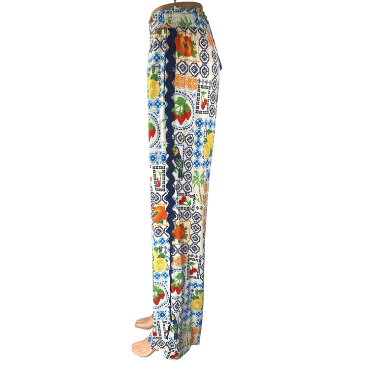 NEW Rose + Olive Framed Fruits Multicolor Wide Leg Palazzo Trousers Pants Size M