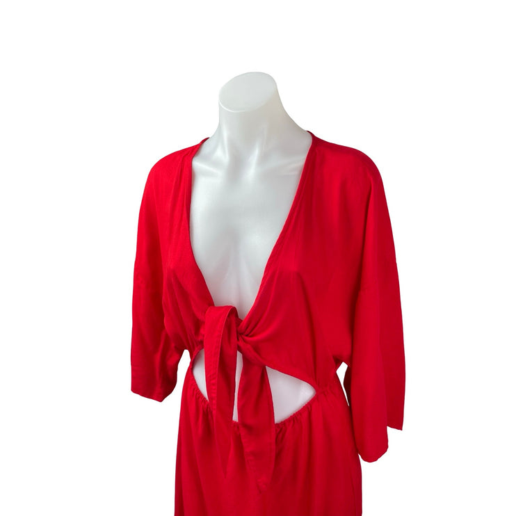 By Anthropologie Red Long Sleeve Wrap Tie Cutout V Neck A Line Maxi Dress Sz XS