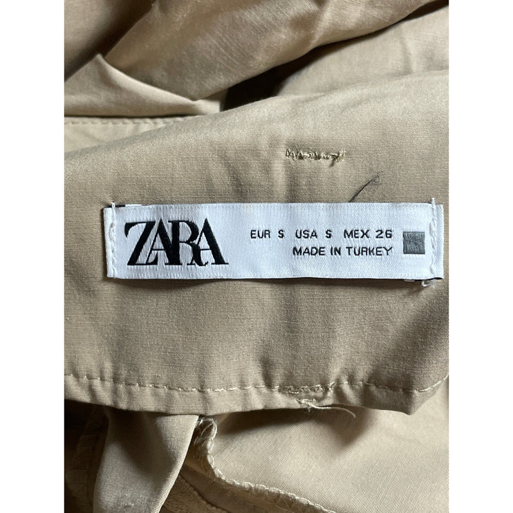 Zara Women's Beige High Rise Pleated Belted Baggy Tapered Trousers Cargo Pants S