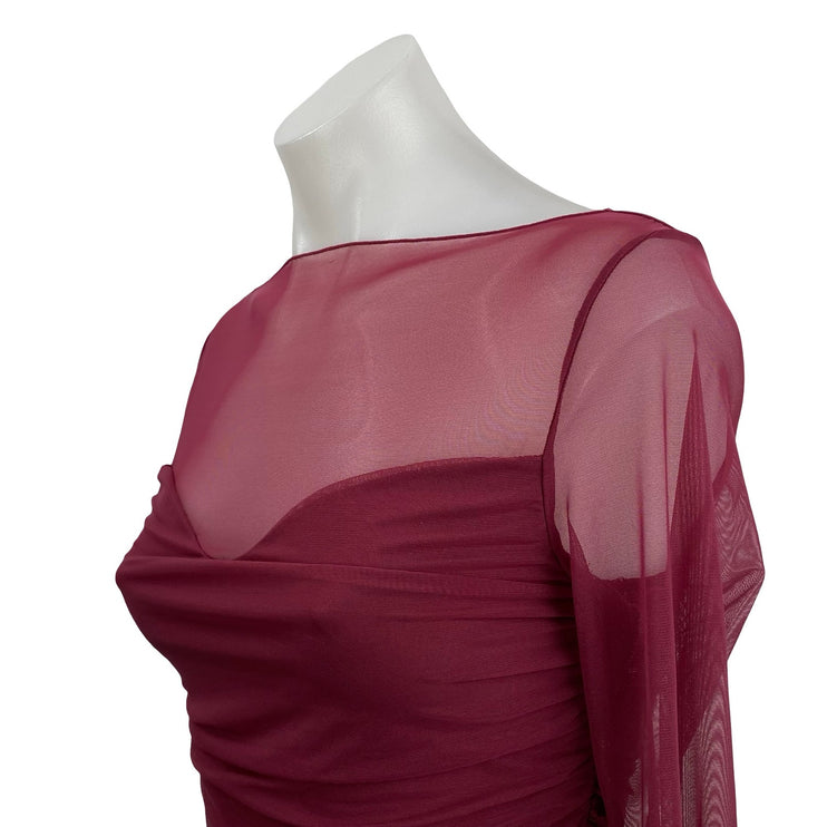 Suuksess Women's Red Sheer Mesh Ruched Boat Neck Long Sleeve Tee Blouse Top Sz S