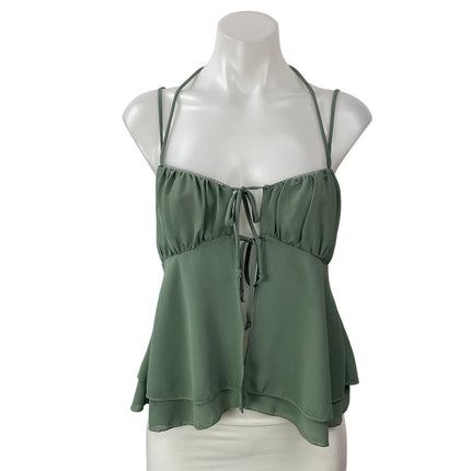 Hazel Botique Women's Olive Green Ruched Tie Front Halter Peplum Camisole Top S