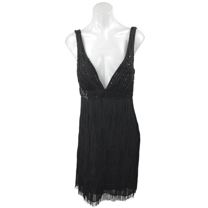 Marina Black Sequin Sleeveless Deep V-Neck Fringe Tank Sheath Mini Dre Brie Marina Black Sequin Sleeveless Deep V-Neck Fringe Tank Sheath Mini Dre Brie