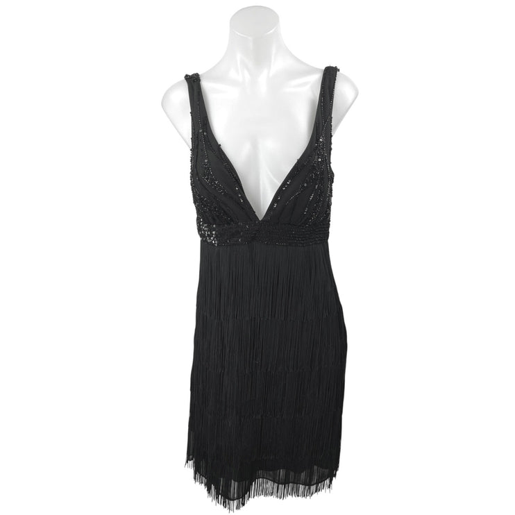 Marina Black Sequin Sleeveless Deep V-Neck Fringe Tank Sheath Mini Dress Size 10