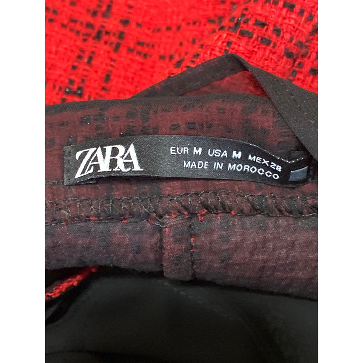 Zara Red Black Mesh Long Sleeve Tweed Mock Neck Plaid Button Mini A Line Dress M