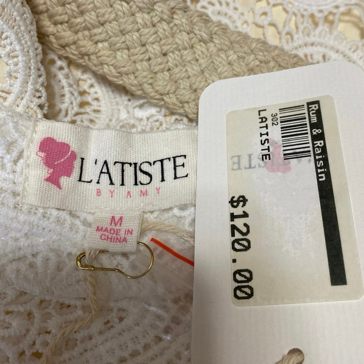 NEW L'atiste White Paisley Lace Long Sleeve Belted Midi A-Line Shirt Dress Sz M