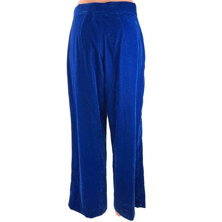 Zara Blue Velvet Velour High Waist Wide Flared Leg Crop Ankle Trousers Pants S